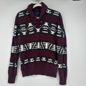 American Eagle Men Burgundy Geometric Aztec Shawl Collar Pullover Sweater Size S